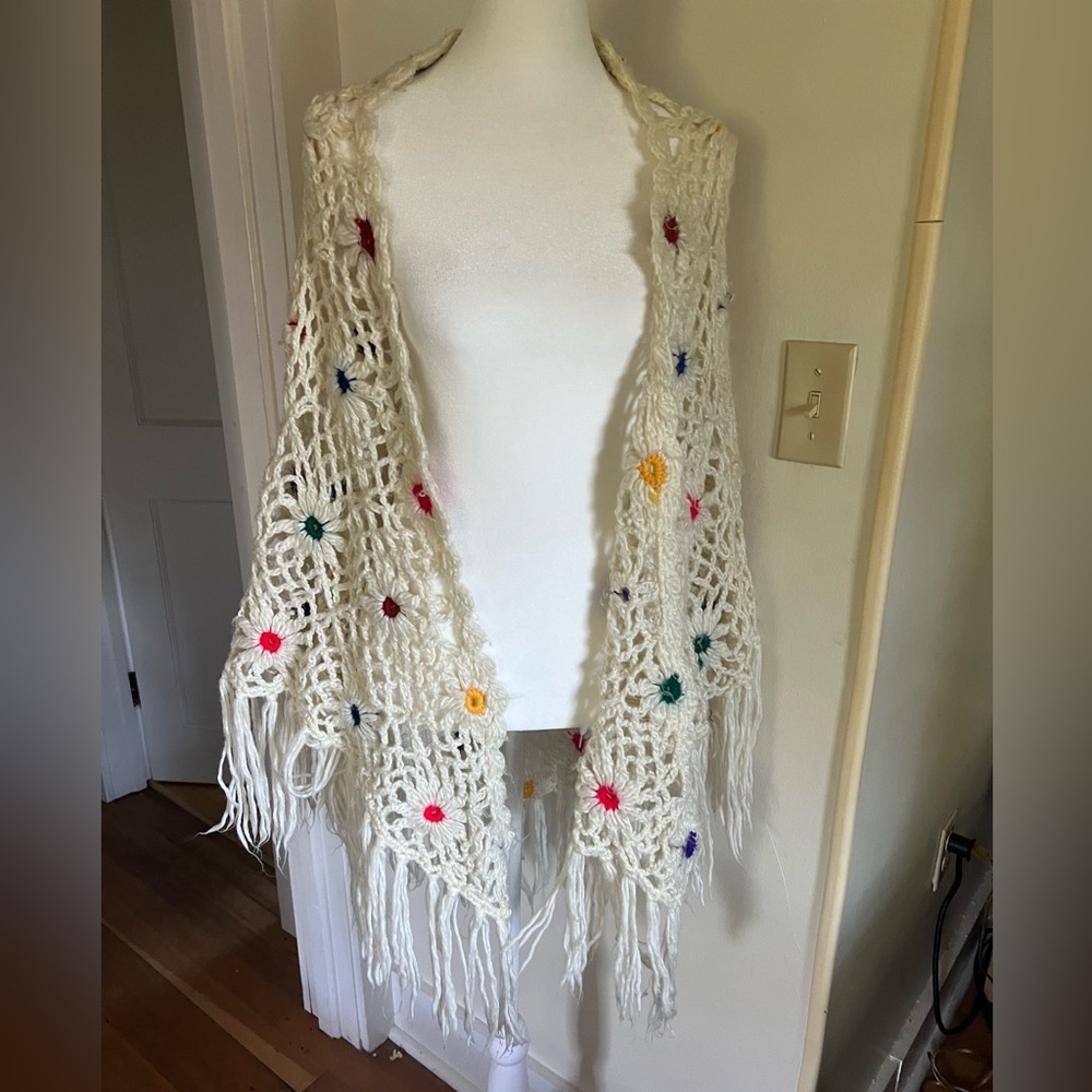 Vintage Crochet Shawl with Colorful Flower Accents